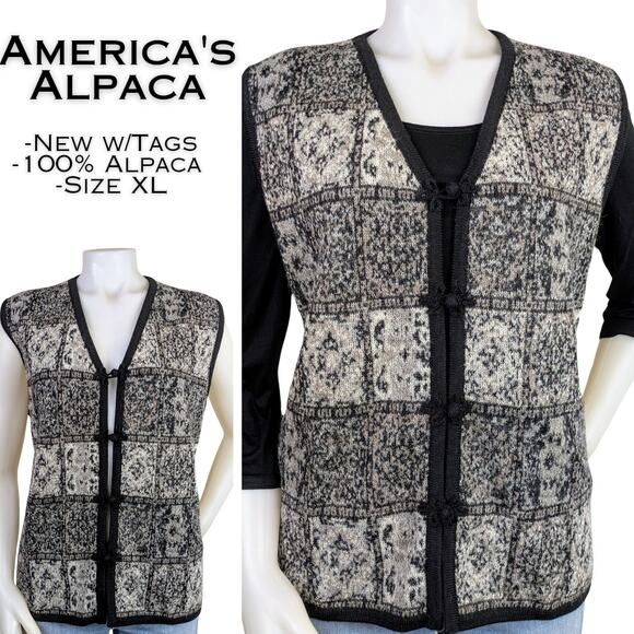 NEW America's Alpaca 100% Alpaca Gray White Black Tapestry Knit Vest Size XL - Picture 1 of 12